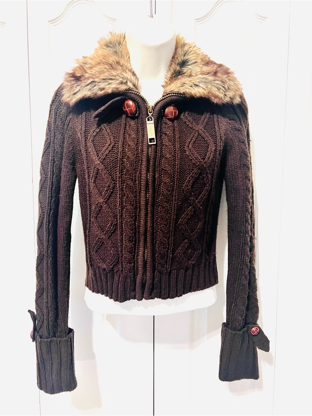 It's Our Time Brown Cable Knit Cropped Sweater Jacket-Faux-Fur Collar-Stretch